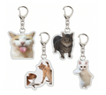 Set of cat-shaped keychains with different cat breeds on a white background