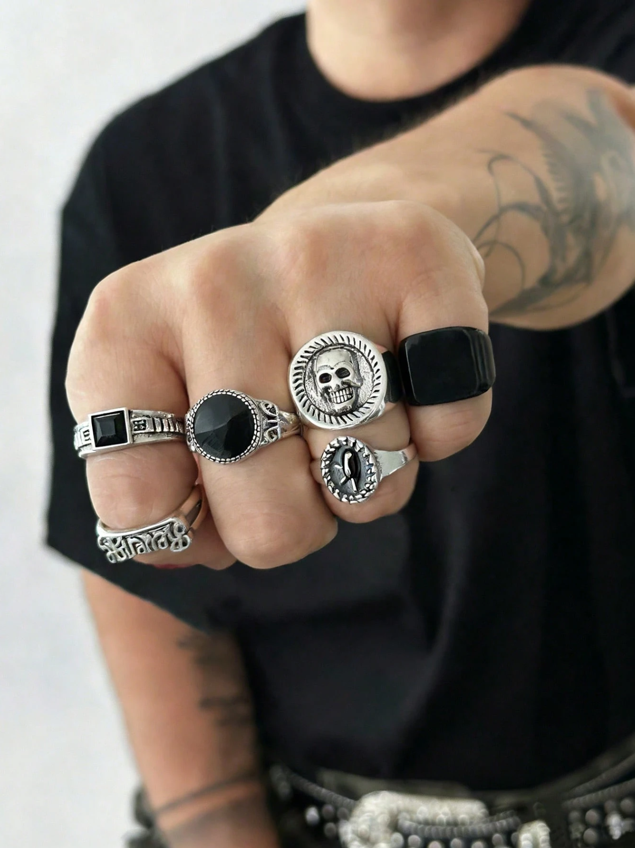 6 Pcs Obsidian Ring Set Elitaire
