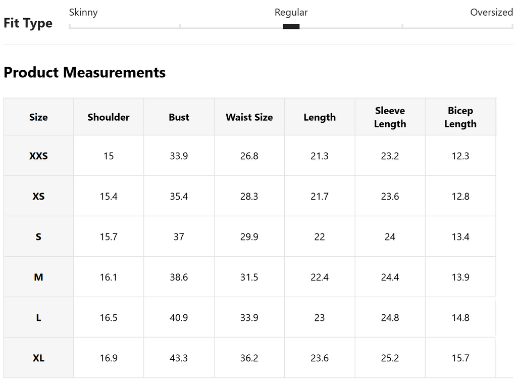 Product measurements chart for different sizes with fit type options.