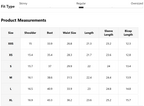 Product measurements chart for different sizes with fit type options.