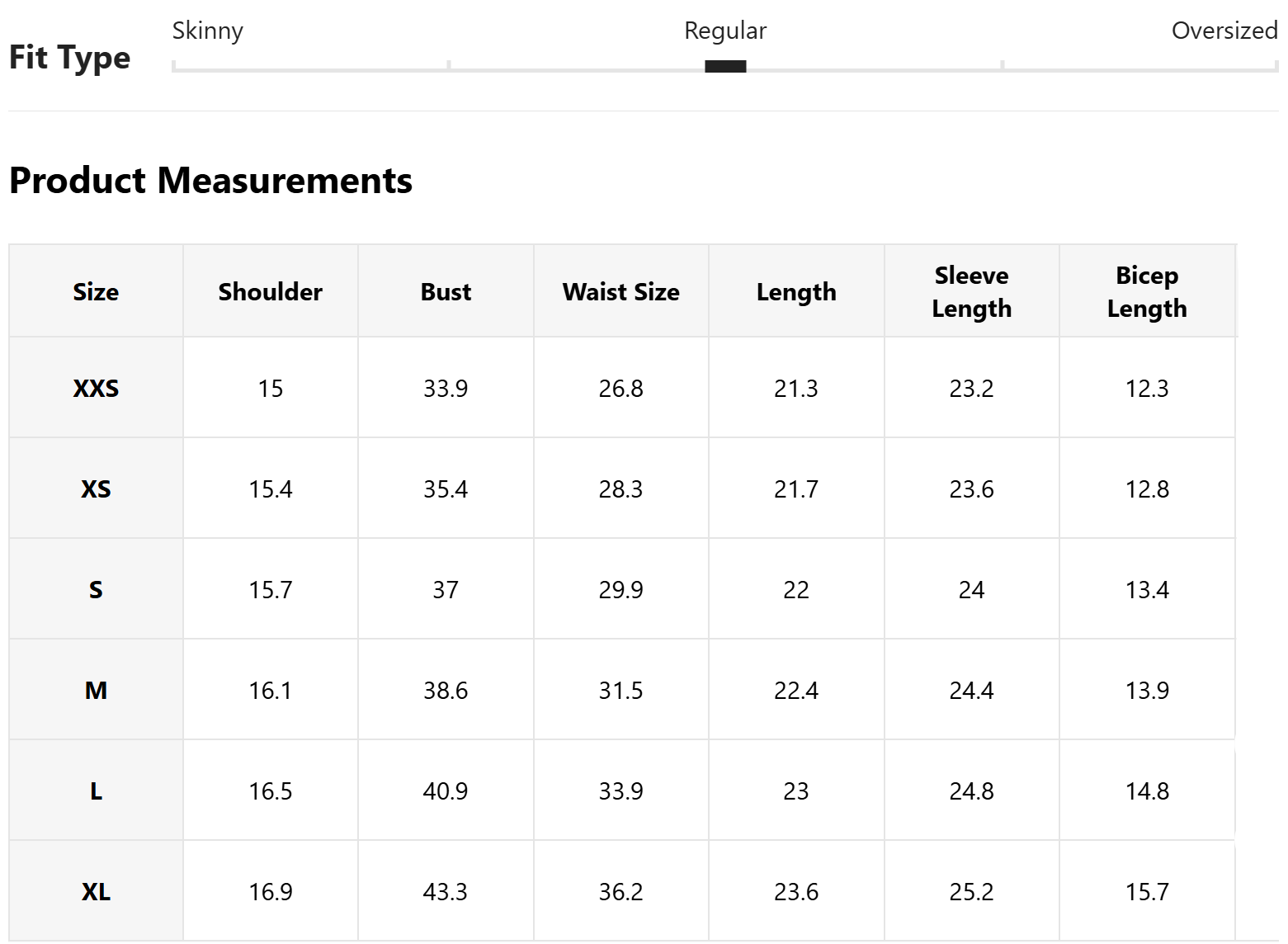Product measurements chart for different sizes with fit type options.